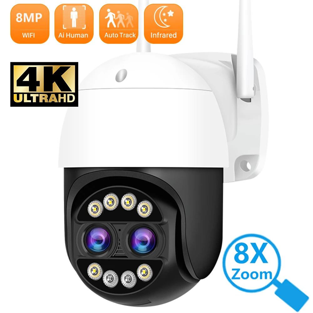 8MP 4K IP WiFi Camera Outdoor Dual Lens 8X Digital Zoom IP Camera Color Night Vision Security Camera Video Surveillance ICSEE