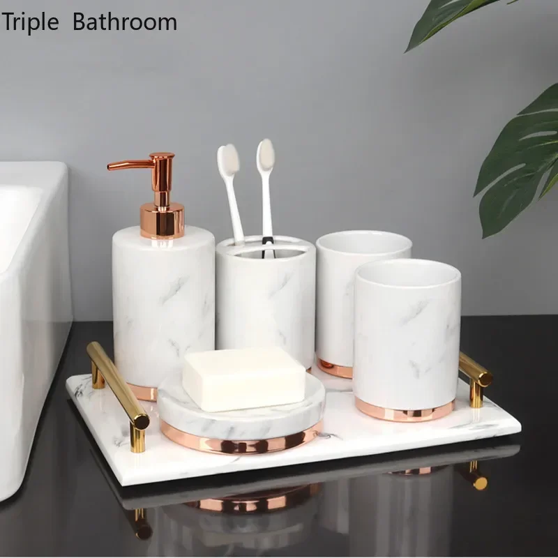 Ceramics Bathroom Toiletry Set Lotion Bottle Mouth Cup Soap Dish Toothbrush Holder Cotton Swab Box Tray Restroom Organizer