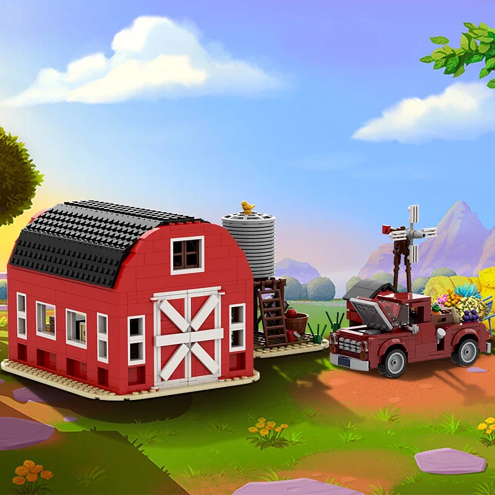 MOC Red Farm Architecture Windmill Farm House Building Blocks Medieval Animal Homeland Farm Cabin Garden Car Bricks Kids Toys