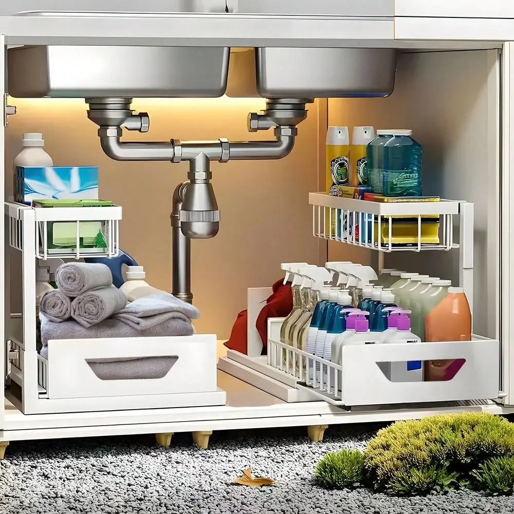 2 Tier Under Sink Organizers And Storage, Under Sink Organizer, Slide Out Pull Out Cabinet Organizer Shelf, Metal Sliding Drawe