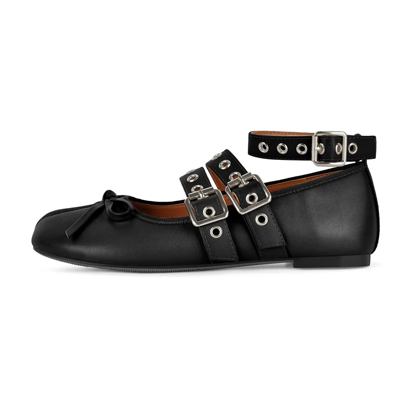 Onlymaker Black Split Toe Ballet Flats Multi Buckle Ankle Strap  Eyelet Strap Design Soft Flat Dress Daily Mary Jane Shoes