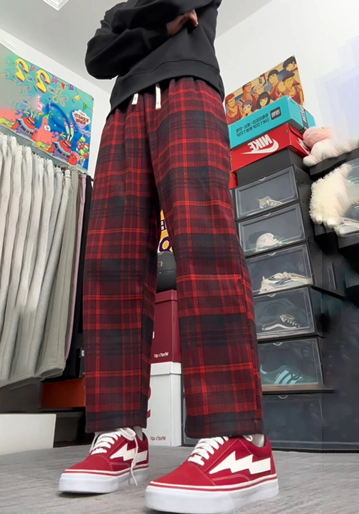 

American Retro Plaid Pants Men's Autumn Winter Thiened Fce Lined Wide Leg BF Lazy Sle Northeast Cotton Pants