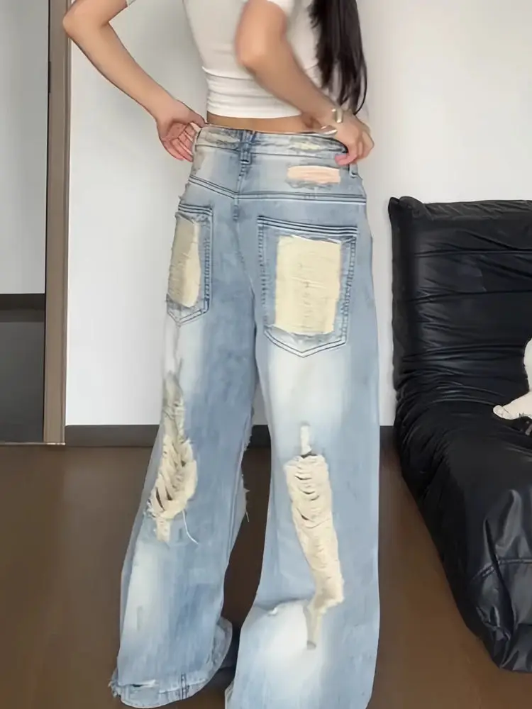 HOUZHOU Y2k Vintage Blue Ripped Hole Women Jeans Washed Low Waist Wide Leg American Style Denim Pants Baggy Hip Hop High Street