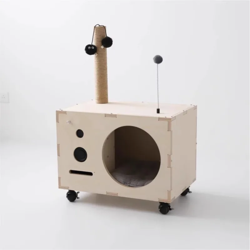 

Creative Bluetooth Music House Cat Scratch Post Integrated Wooden Cat Self-Hi Toy Cat Nest