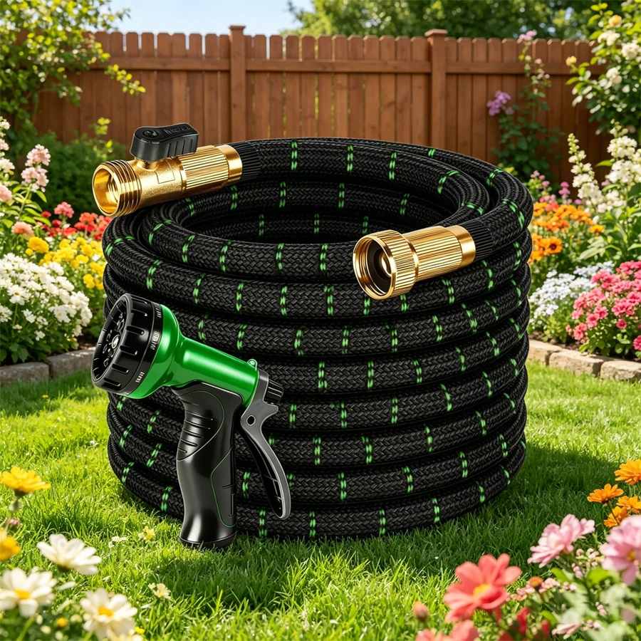 Garden Hose Household Water Pipe, Multifunctional Nozzle Hook Not Easy to Twist, Leak Proof Design, Wear-Resistant Fabric, Rust Free, Suitable for Garden Irrigation, Courtyard, Lawn, Car, RV, Outdoor Use