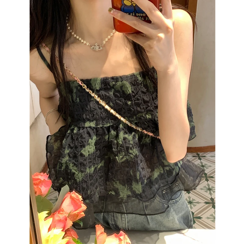 Retro Floral Tie Dye ort Svel Vest Top Women's Summer Faion Sweet Princ Sle Polyester Blend Straight Cut T-irt