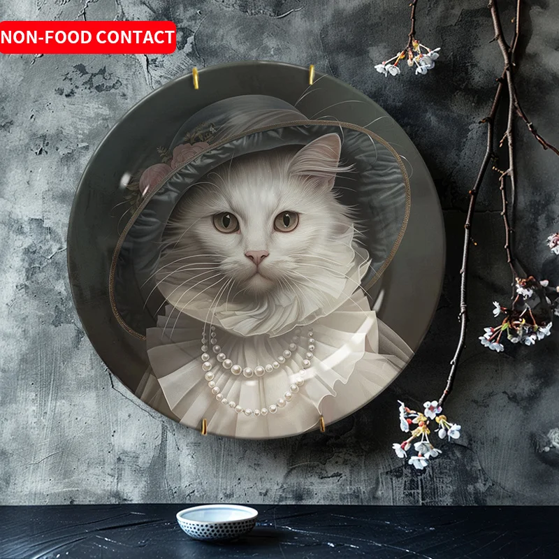 Funny Cat in Victorian Attire Art Ceramic Decor Plate - Hanging Wall Art, Suitable for Families, Living Rooms, and Offices