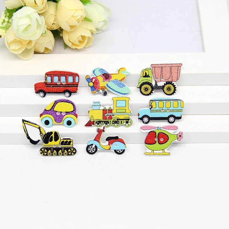 Colorful Cartoon Car and Airplane Transportation Wooden Handicraft Buttons, Handmade DIY Sewing Button Accessories, 50 Pieces