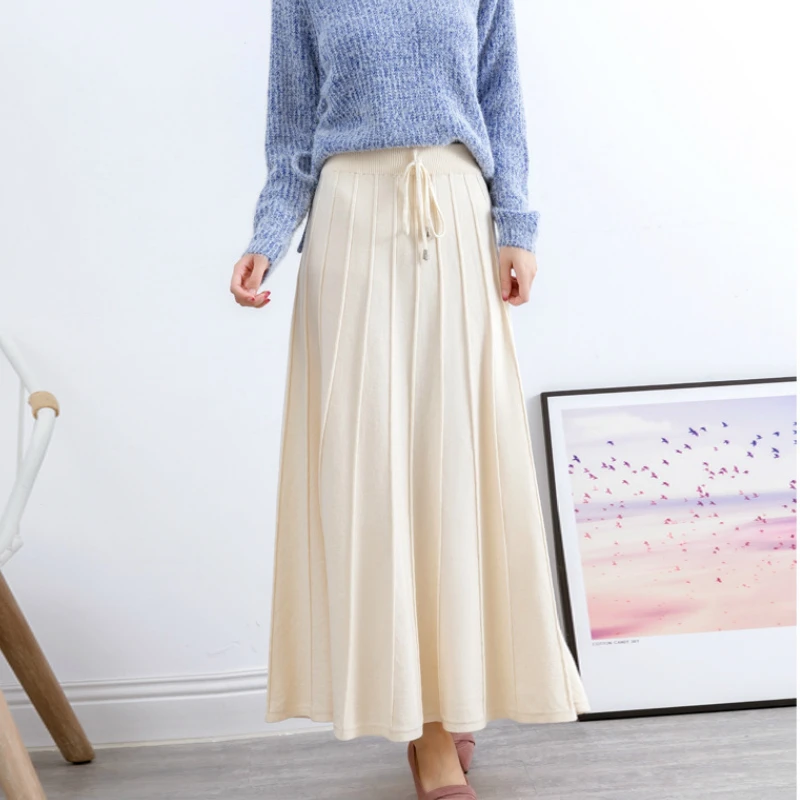 Autumn Winter Thick Drape A-line Maxi Long Pleated Knitted Skirts Draw String Soft Swing Ankle Long Knit Skirts Coffee Gray