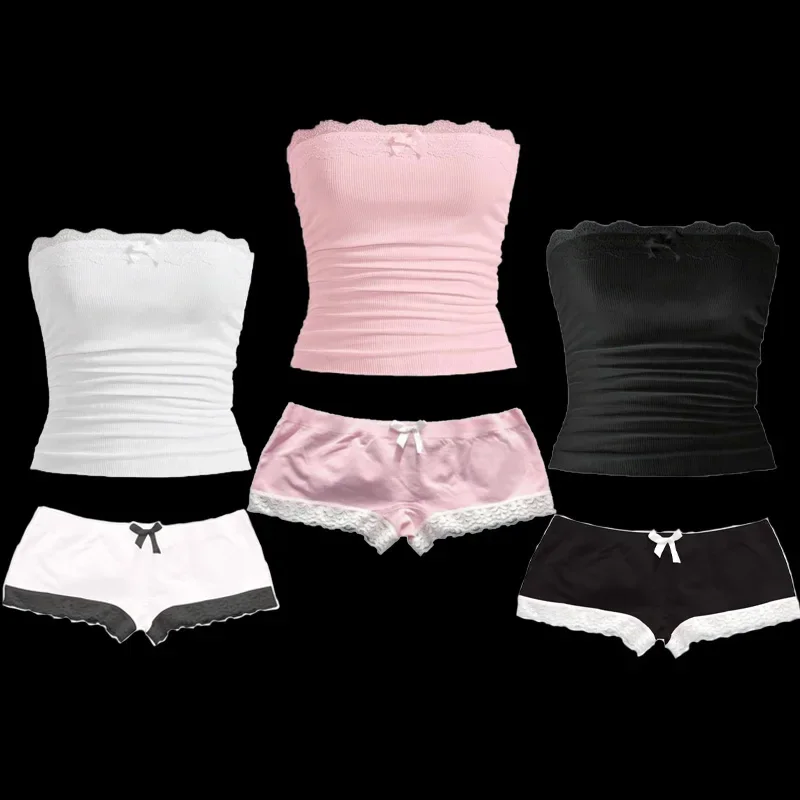 

Y2K Aesthetic Solid Color Shorts Suit Sweet Sexy Emo Girl Harajuku Women Tube Top Crop Tops Lace Streetwear Cute Bow Mini Shorts