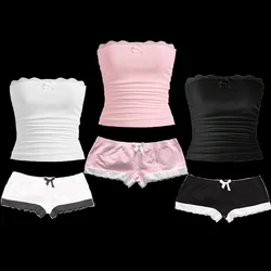 Y2K Aesthetic Solid Color Shorts Suit Sweet Sexy Emo Girl Harajuku Women Tube Top Crop Tops Lace Streetwear Cute Bow Mini Shorts