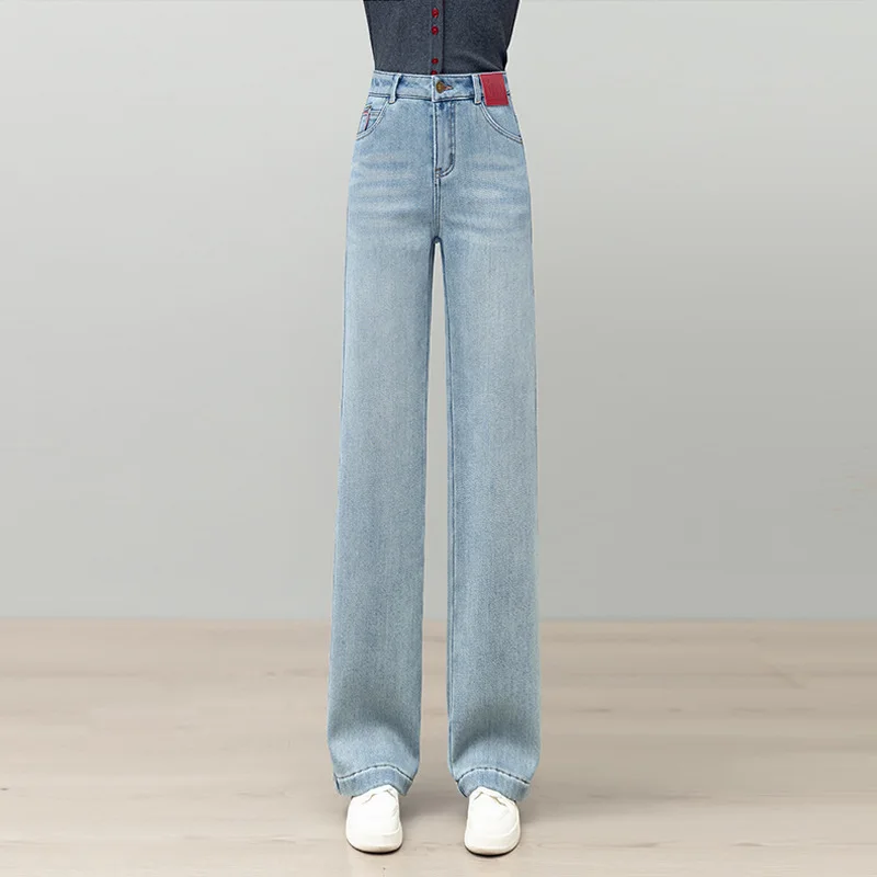 جينز مستقيم نحيف أزرق فاتح للنساء فضفاض مناسب للخريف، سروال عالي الخصر للتخسيس متعدد الاستخدامات بأرجل واسعة