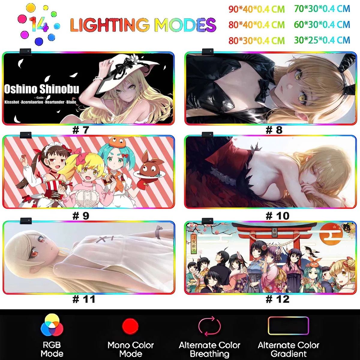 Anime Monogatari RGB Large Non-slip Mouse Pad Oshino Shinobu LED Backlit XXL Mouse Pad Table Overwatch Gaming Keyboard Desk Mat