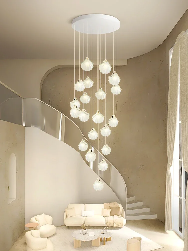 Nordic cream wind stair chandelier modern simple light luxury shell pearl villa living room duplex atmosphere long chandelier