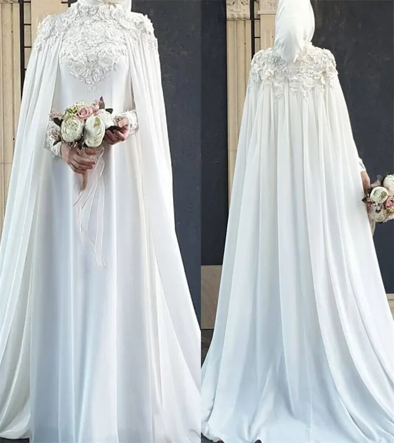 Witte moslim trouwjurk islamitische elegante cape bloemen kant kasteel bruidsjurken lange mouw chiffon Dubai Arabische bruid