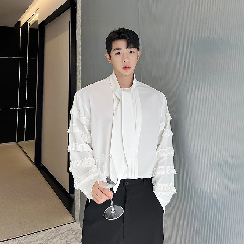 

Elegant Long Sleeve Men's Shirt Casual Pleated Floral Trim Korean Style Neutral Spring Summer Autumn Seasonal Square Collar