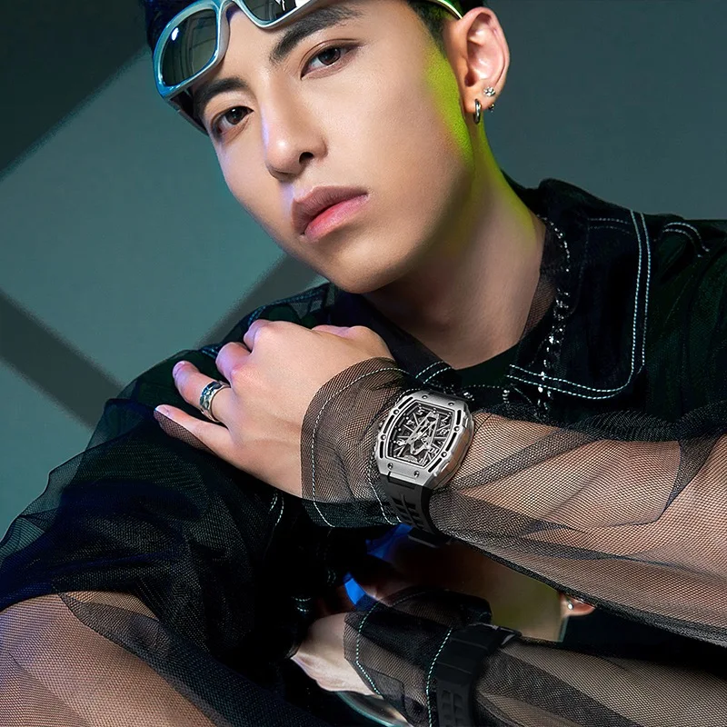 Relógios automáticos vintage oco masculino, Tonneau, relógio de pulso mecânico duplo, pulseira de silicone, nova moda