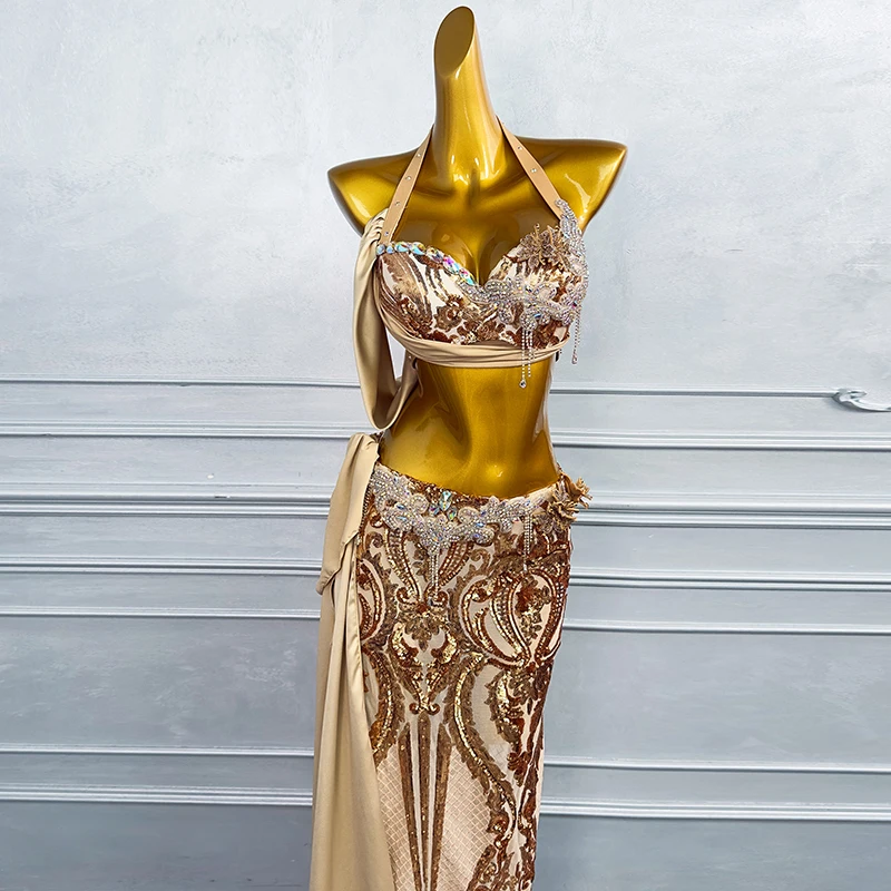 Vrouwen Aangepaste Senior AB Stenen Gedrukt Chiffon Set Oosterse Buikdansen Professionele Prestaties Outfit Buikdans Kostuum