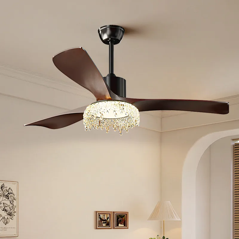 

American Retro LED Ceiling Fan Lamp Water Droplet Straight Leaf 3-Blade Remote Dimming Light for Living Room Restaurant Lighting