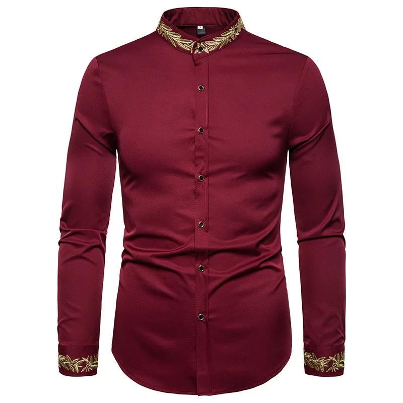 Men\'s Royal Blue Gold Embroidery Dress Shirts Brand Mandarin Collar Slim Fit Long Sleeve Shirt Men Party Wedding Dinner Chemise