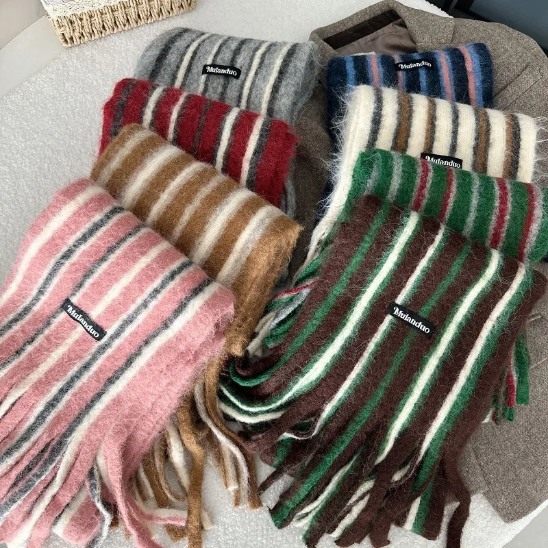 

Winter thickened wool scarf for cold weather, simple and versatile striped long fringe neck warmer and large shawl