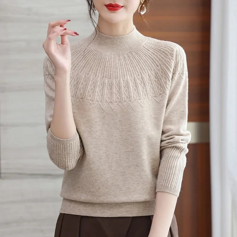 2024 Women Solid Half High Collar Cashmere Sweater Autumn Winter Loose Knitted Wool Casual Sweater Bottoming Shirt