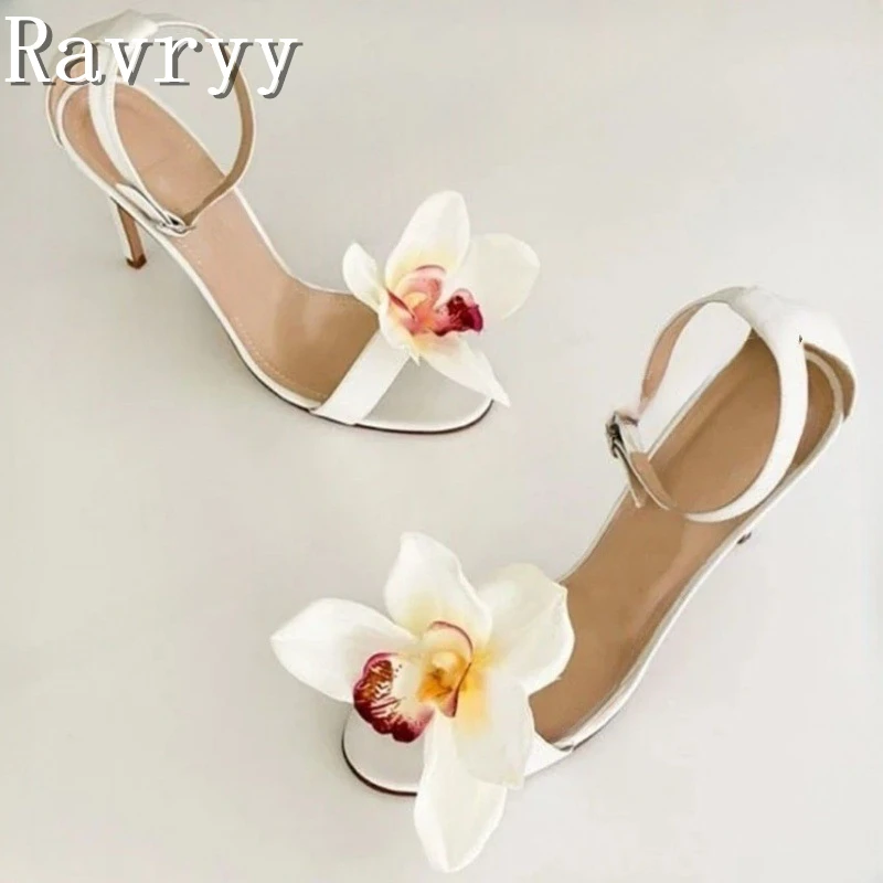 

Women New Flower Decor Wedding Shoes Brand Design Thin High Heels Sandals Open Toe Summer Party Dress Shoes
