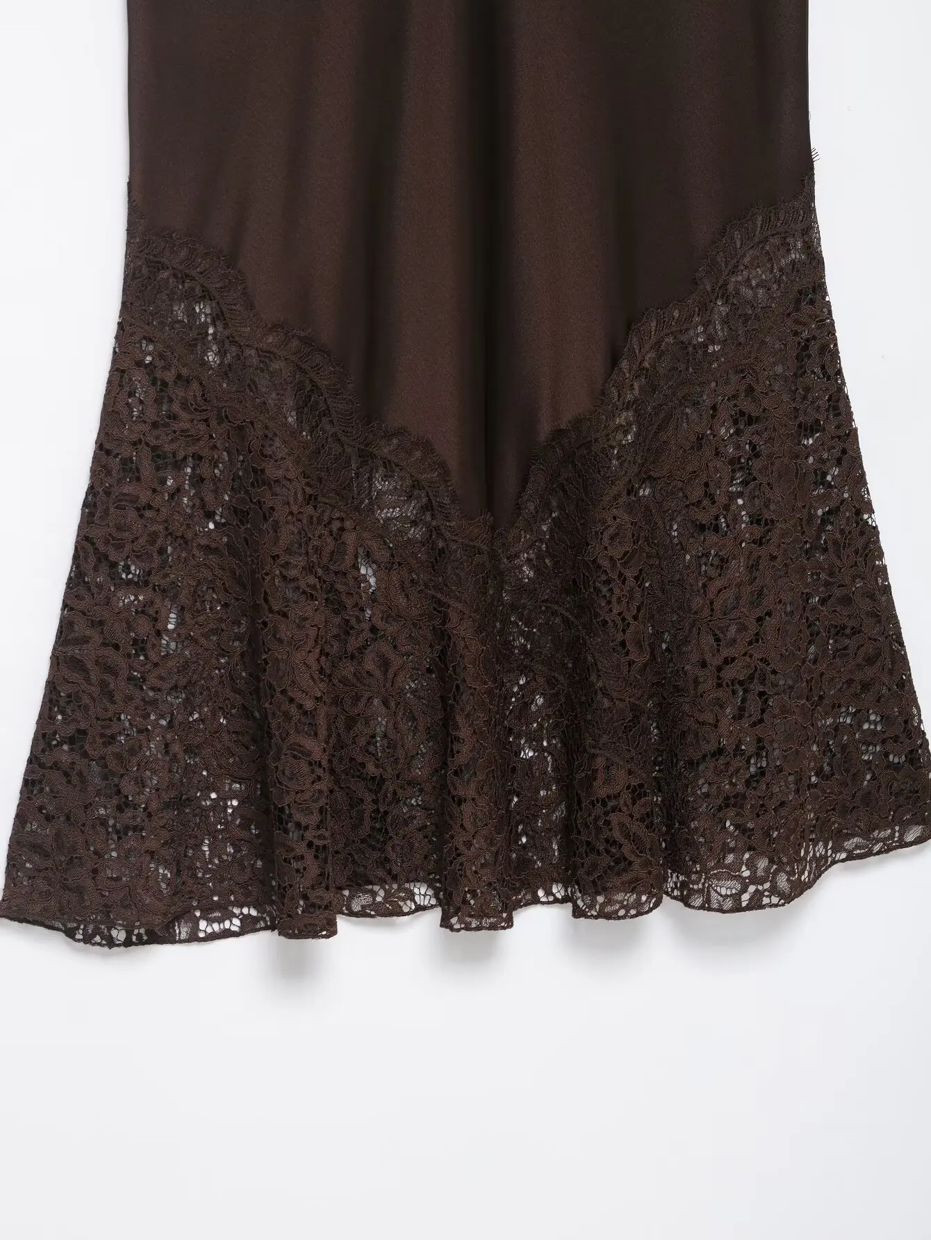 Herbst Neuheit: Eleganter Brauner Satin-Midirock mit Spitzenbesatz und Reißverschluss für Damen – Schicker Party- und Clubrock – Detail 12