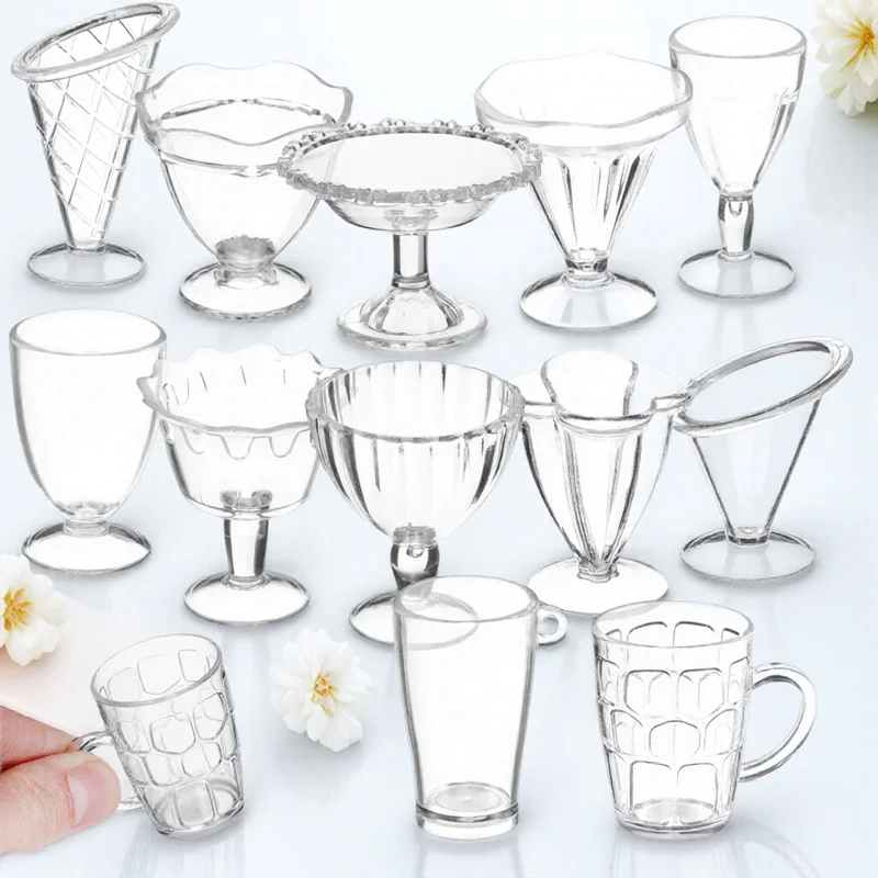 

12 pcs Diy Food Craft Cup Mini Dollhouse Tableware Set For Kids Pretend Play Ice Cream Tea Making Miniature Kitchen Accessories