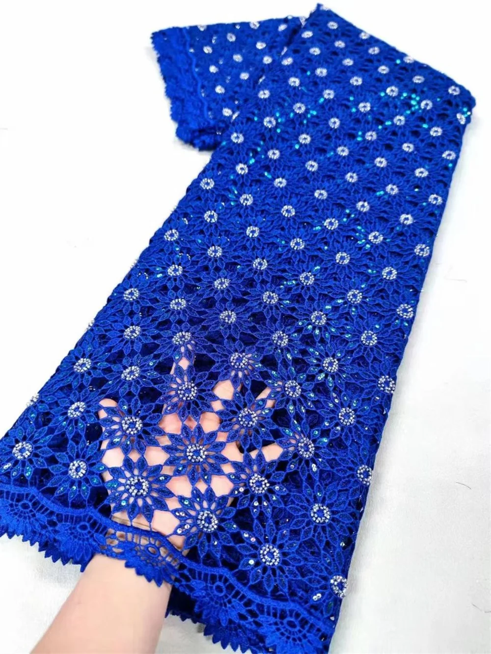 Latest Stones Lace Nigerian Lace Fabric 2024 High Quality 5Yard Royal Blue African Guipure Lace Fabrics 2024 Evening Dress A86-1