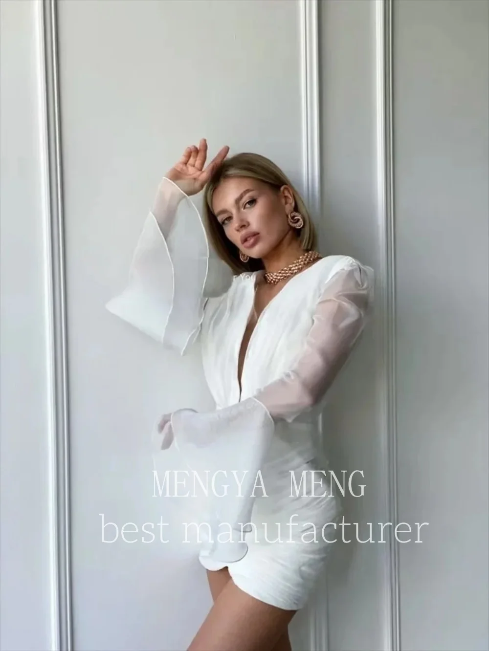 ZHUISHU 2025 Abito da sposa corto per donna Arabo Robe De Mariée Maniche lunghe Scollo a V Pieghe Mini Abiti da sposa sexy Festa formale