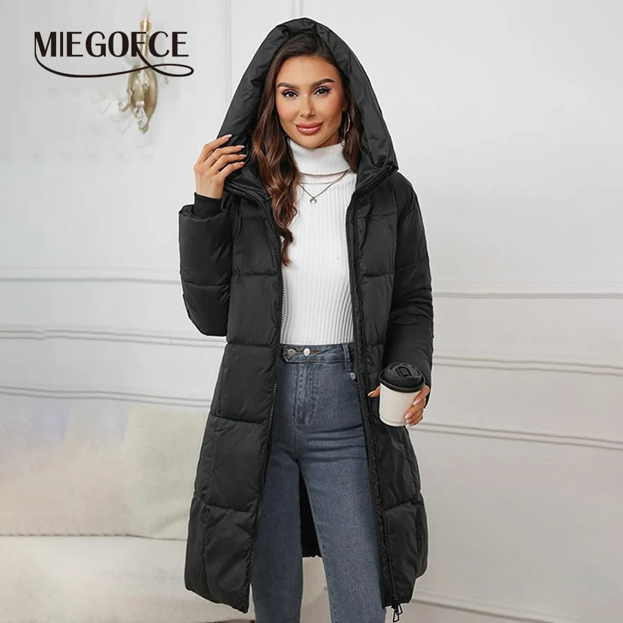 MIEGOFCE Long Quilted Jacket with Hoodie Zip Up Women Quilted Lightweight Jacket Puffer Windproof Coat Fall Winter Parka W1836