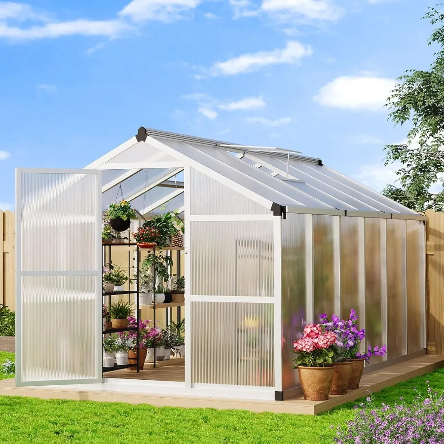 

8 x 12 FT Greenhouse Heavy-Duty Polycarbonate Large Walk-in Greenhouse Roof Vent Aluminum Frame and Lockable Door for Backyard