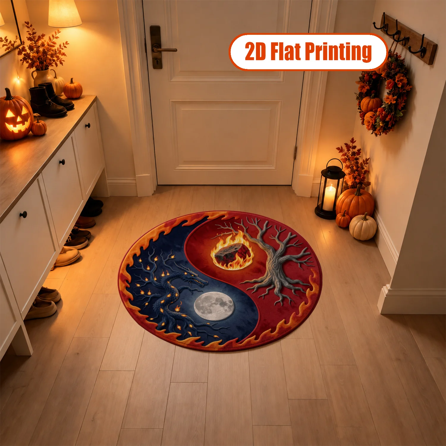 Yin Yang Dragon Moon Flame Tree Pattern Round Area Rug Velvet Fabric Machine Washable Soft Floor Mat for Living Room Bedroom Entryway Dining Room Ideal for Halloween Thanksgiving Black Friday Christmas New Year Holiday Decor