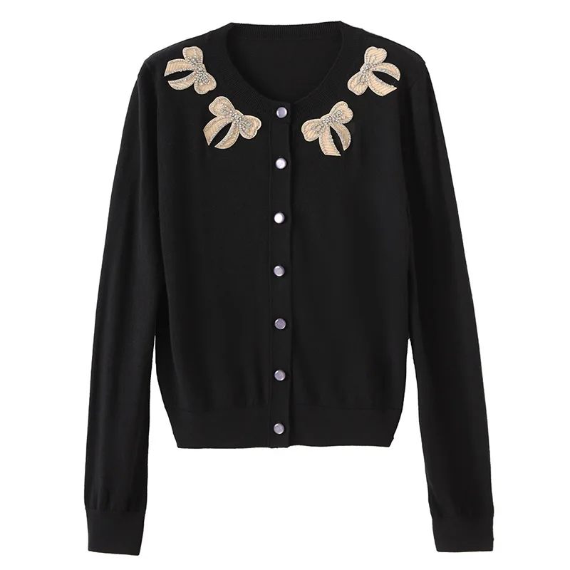 

Women Knitted Cotton Long Sleeve Cardigan O-Neck Bow Cardigan