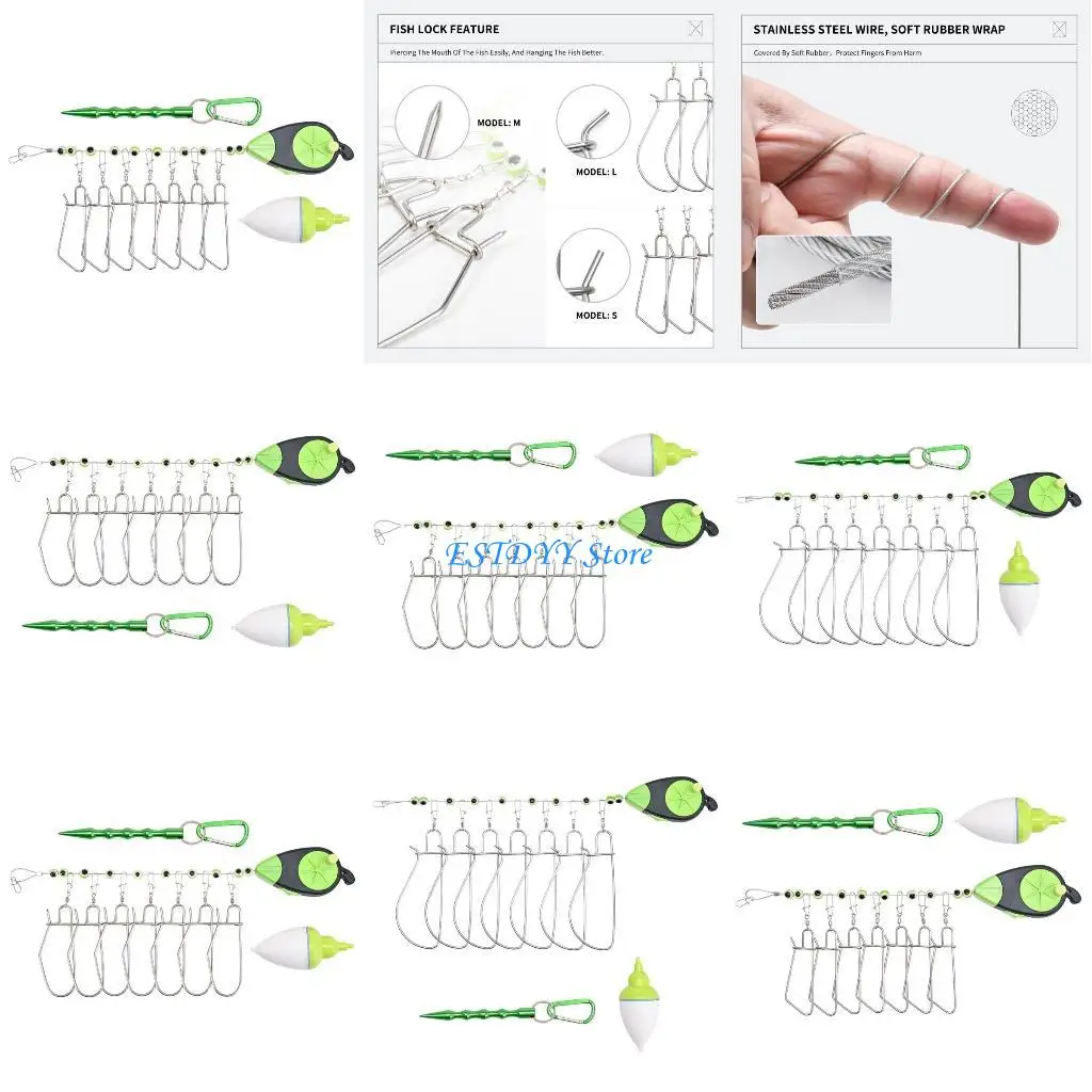 

G6DE Fish Buckle Lock Fishing Stringer Clip with Float and Ground Nails Tackle Tool
