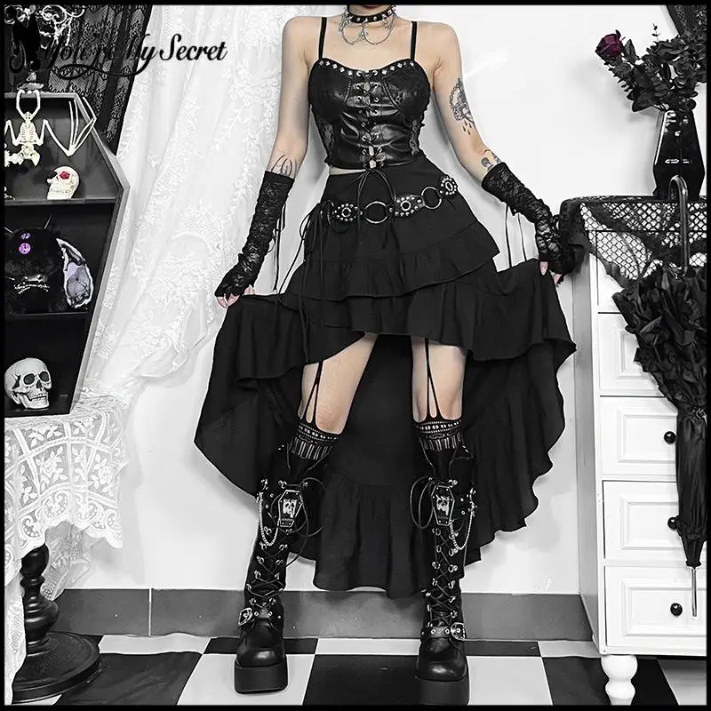 

Black Gothic Skirt Women Sexy Tow Dress Dark Style Streetwear Y2K Dress Up Retro Irregular Skirt Women Spring Summer Outfit