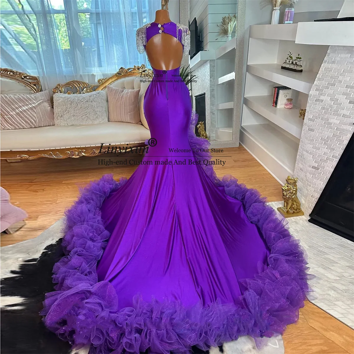 Luxury Purple Sexy Prom Dresses For Black Girls Tassels Ruffles Formal Evening Dress Glitter Beaded Side Slit Vestidos De Gala