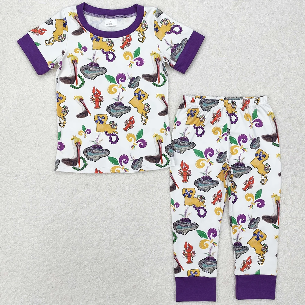 Hot Sale Baby Girls Pajamas Mardi Gras Crawfish Short Sleeve Shirt Pants Sleepwear Clothes Sets Boutique Kids Girls Nightwear