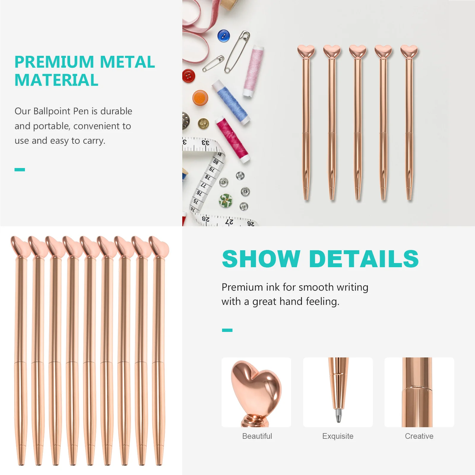 

12Pcs Metal Heart Headed Ballpoint Pens Multi-Function Writing Smooth Ergonomic Portable Students School Supplies Daily Use Pen