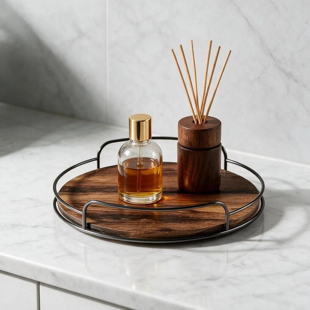 2 Piece Round Wooden Rotating Tray Metal Guard Rail Strong Load-bearing Capacity Seasoning Bottle Organizer Turntable