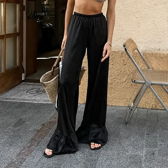 

Черные атласные брюки-палаццо с широкими штанинами для женщин, летние, элегантные, с оборками по низу, свободные, с высокой талией, повседневные, для отпуска, уличный стиль