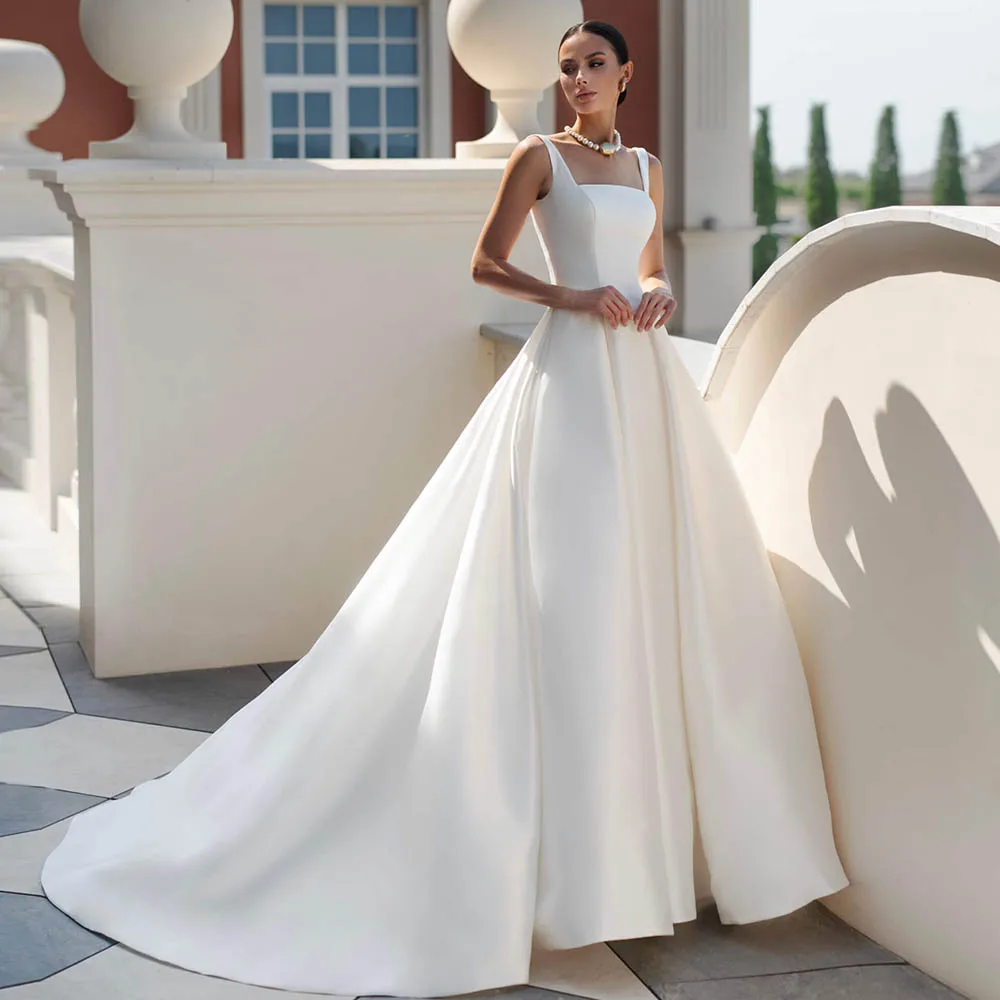 

Customized Wedding Dresses Elegant Square Collar A-line Bridal Gowns Spaghetti Strap Open Back Brides dress vestidos de novia