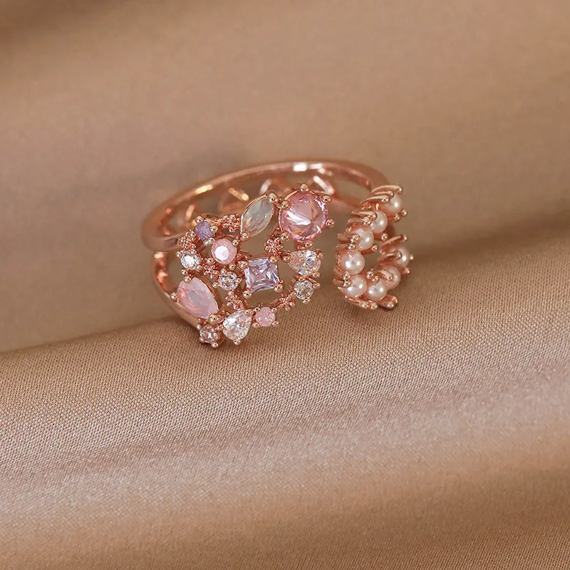 South Korea Fashion New Moon Simple Open Ring Sweet Pearl Flower Elegant Ring Women Jewelry