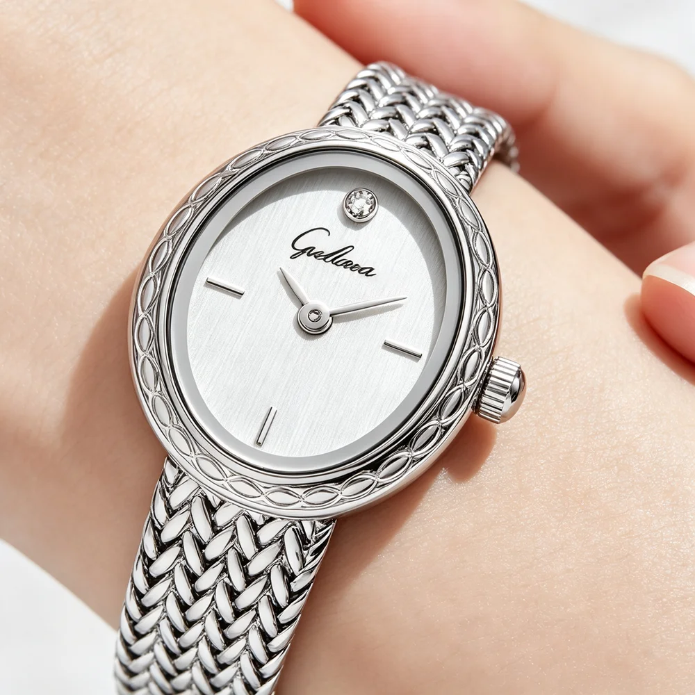 Oval Ladies Quartz Watch Vintage Crystal Dial Braided Metal Bracelet Elegant Women Wristwatch Gold Silver