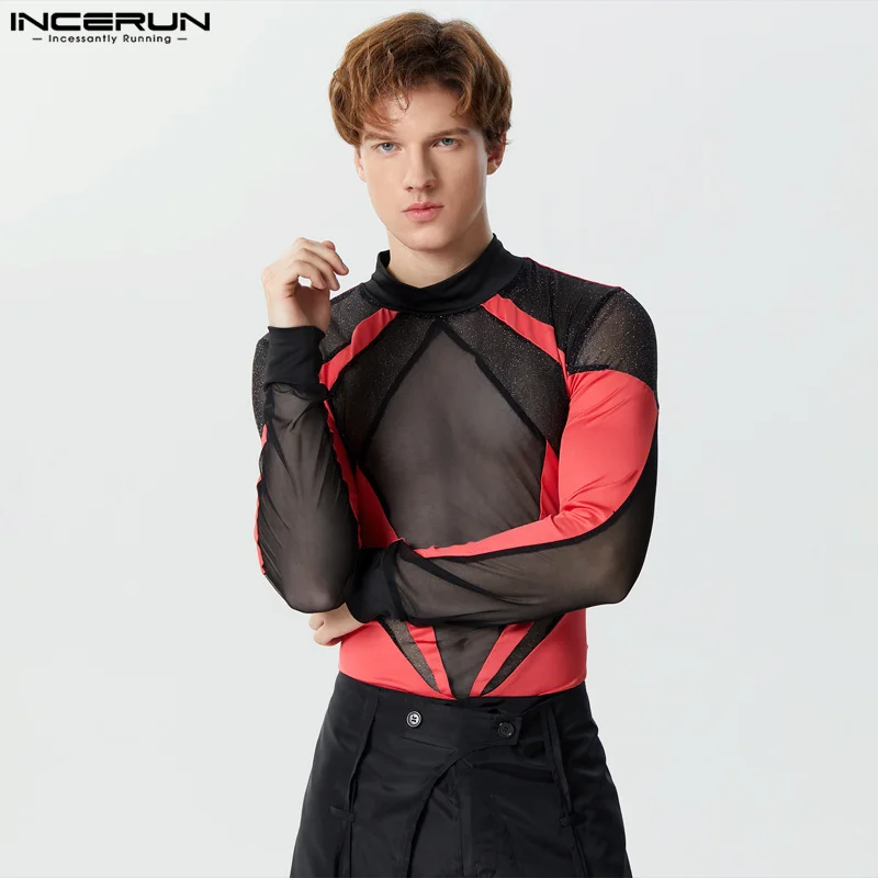 INCERUN Men Bodysuit Mesh Patchwork Turtleneck Long Sleeve Sexy Male Rompers Streetwear 2024 Shiny Transparent Fashion Bodysuits