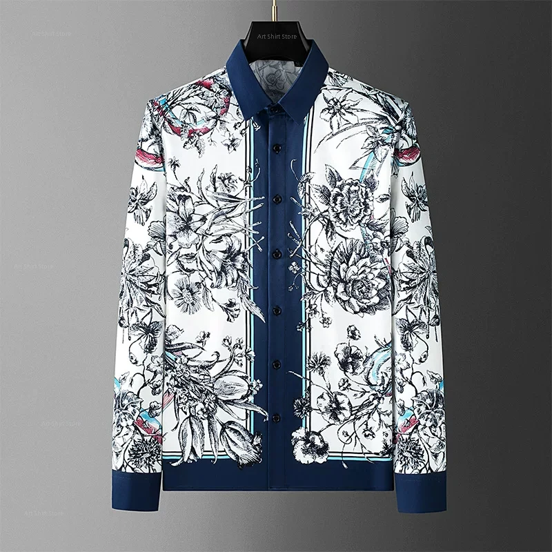 Fashionable Chinese-style cultural item, symmetrically positioned flower print, slim-fitting trendy men's long-sleeved shirt