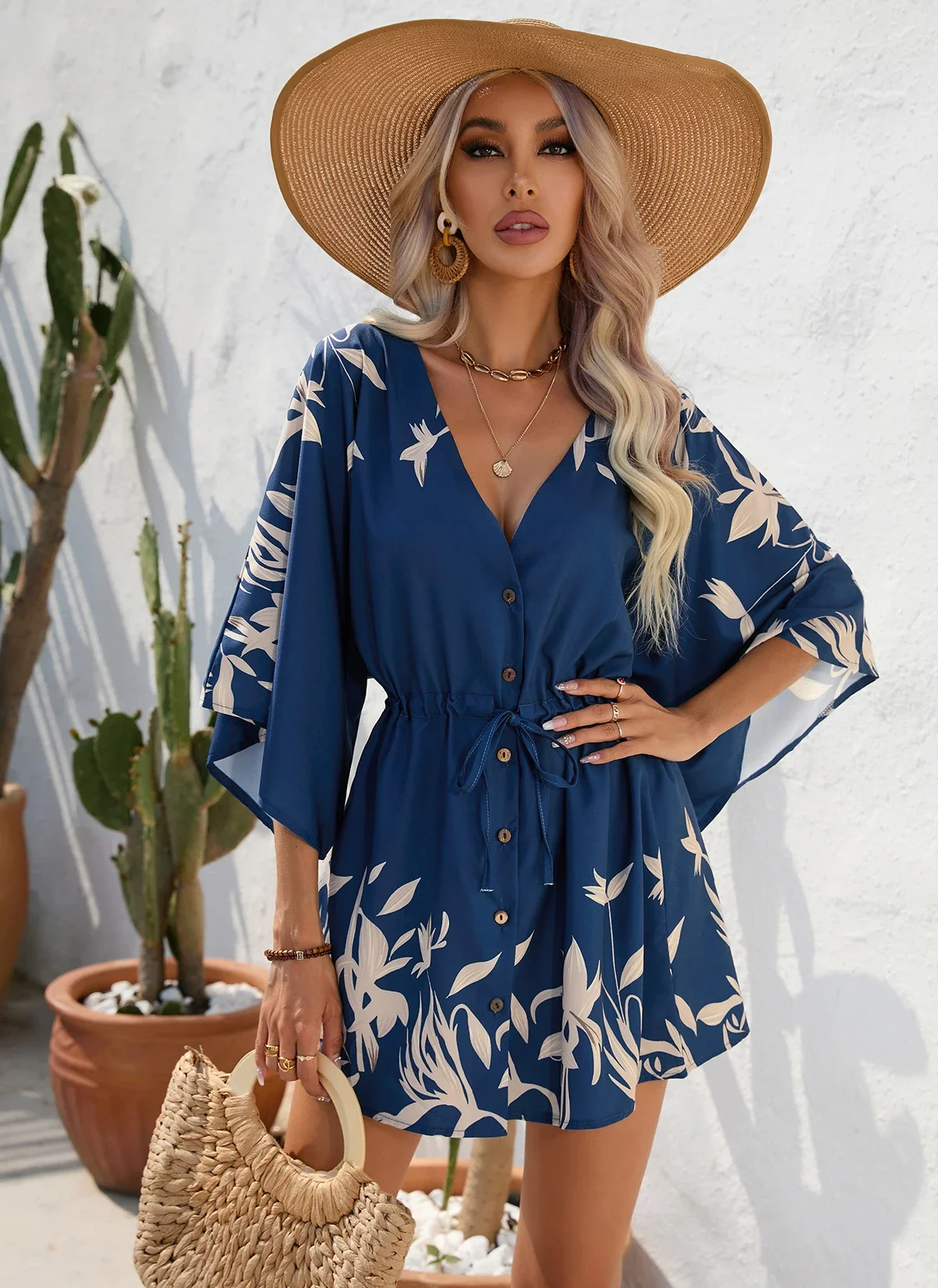 Summer Casual Dress Women Fashion Flying Sleeve V-neck Print Beach Party Dresses Elegant Lace Up Mini Dress Robe Femme 2023 New