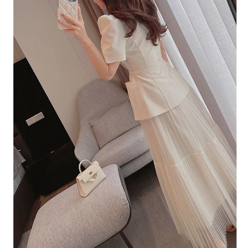 Spring Summer New Elegant Korean Evening Party 2-Piece Set Women Lace-Up Blazer Long Mesh Skirt Fashion Casual Lady Skirt Suit