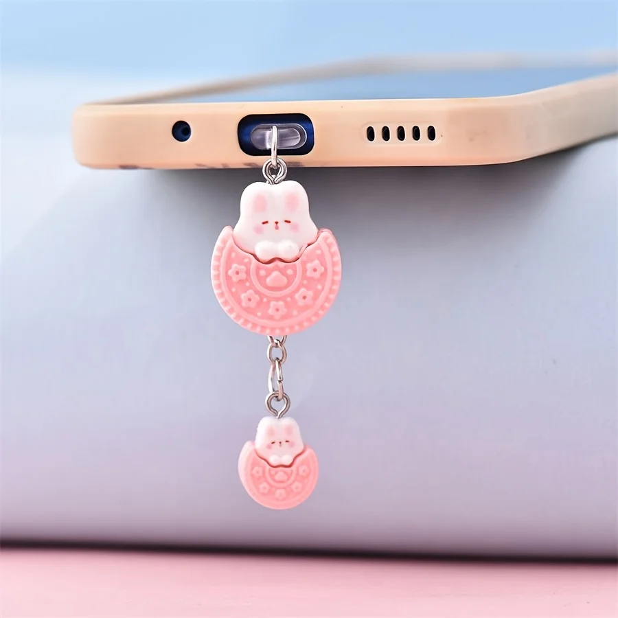 Tapón antipolvo para teléfono móvil, colgante de conejo de galleta rosa, tapón antipolvo para decoración de teléfono móvil, adecuado para iPhone y tipo C